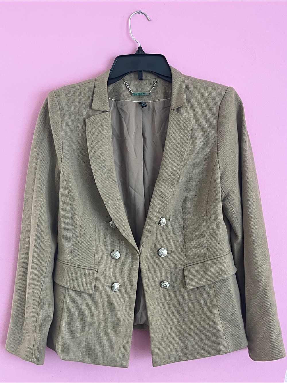 White House Black Market Taupe/Khaki Double-Breasted Blazer with Silver Buttons